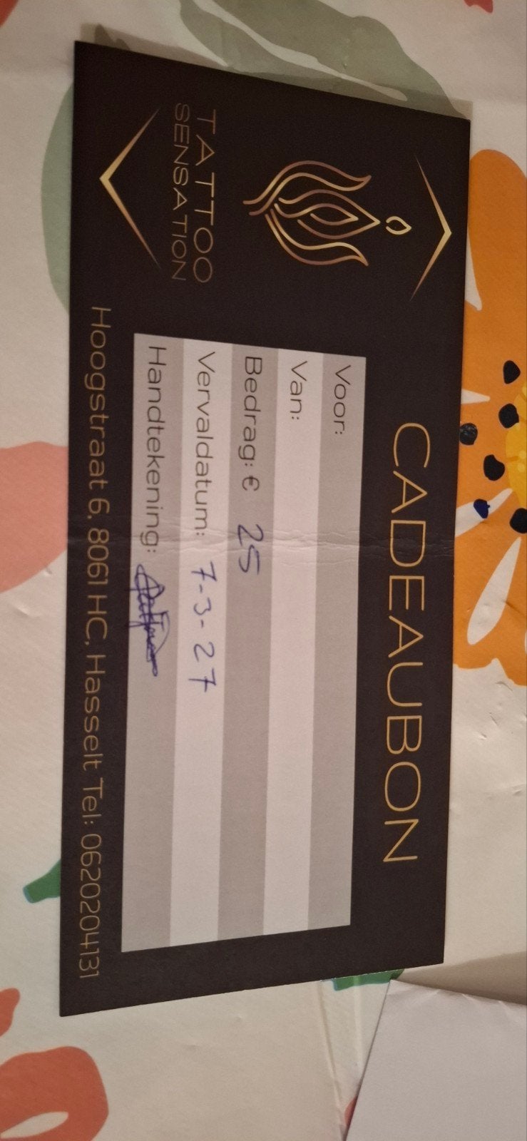 Cadeaubon Tattoo Sensation Hasselt t.w.v. €25,-, Eén persoon, Cadeaubon, Overige typen