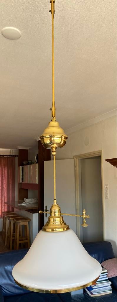 Klassieke messing hanglamp met katrolsysteem, Ophalen, Gebruikt, Metaal, 75 cm of meer
