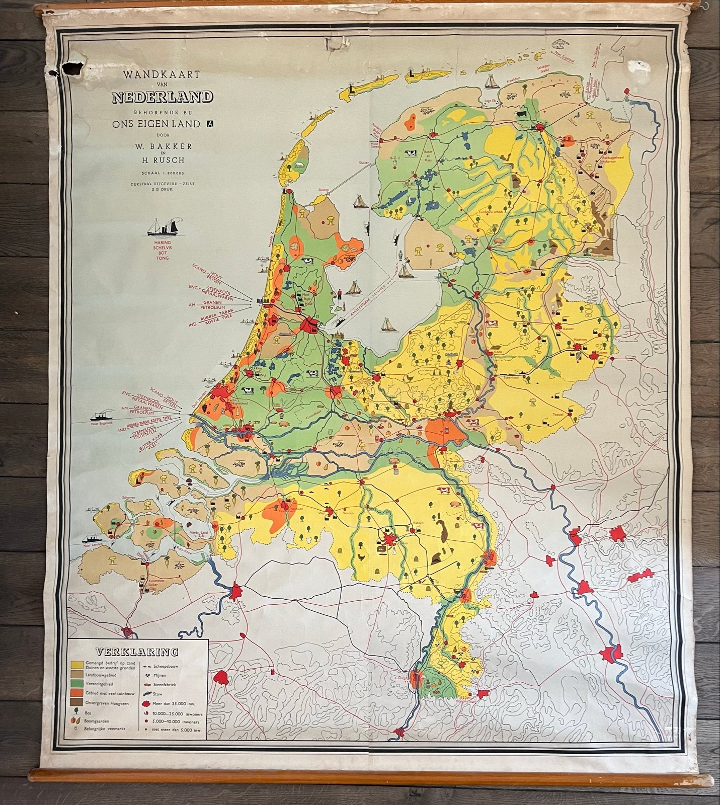 Vintage Wandkaart Nederland door W. Bakker en H. Rusch, Gelezen, Ophalen of Verzenden, Landkaart, 1800 tot 2000