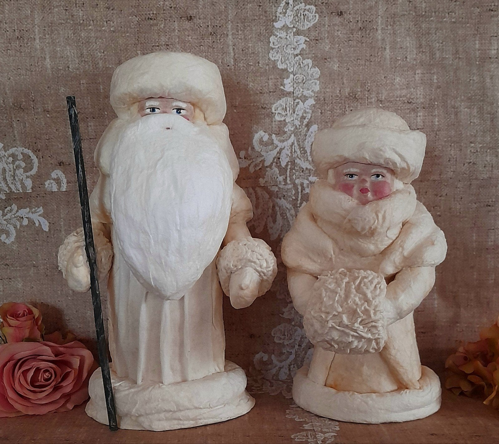 Set Prachtige brocante wattenpop Kerstman en Kerstvrouwtje, Antiek en Kunst, Ophalen of Verzenden