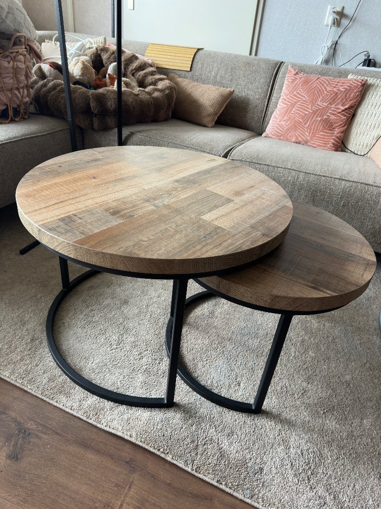 2 ronde salontafels mangohout, Ophalen, 50 tot 100 cm, Mangohout, Rond