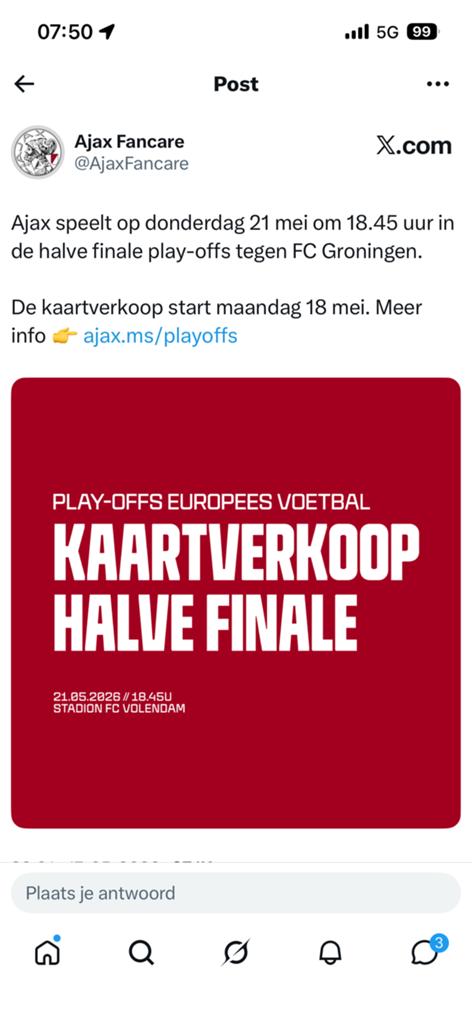 Ajax Fc groningen 1x F side tribune, Tickets en Kaartjes, Eén persoon