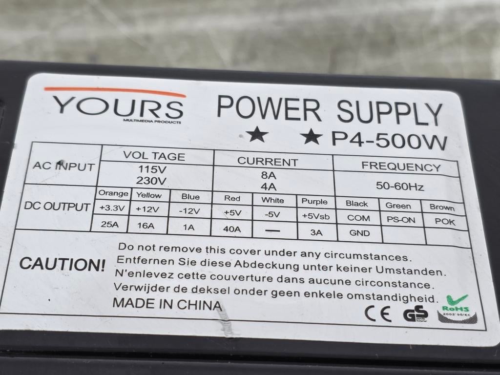 Yours 500w max voeding psu power supply p4-500w, Ophalen of Verzenden, Gebruikt