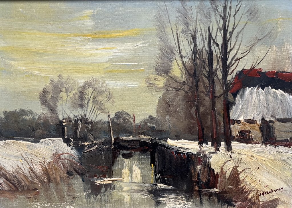 Jan Kelderman (1914-1990) - Winter in Abcoude, Doek, Ophalen of Verzenden, Landschap, Olieverf