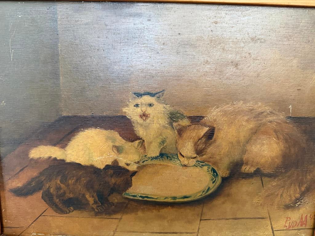Vintage schilderij van katten, gesigneerd P. vd AA 1945, Antiek en Kunst, Kunst | Schilderijen | Klassiek, Verzenden