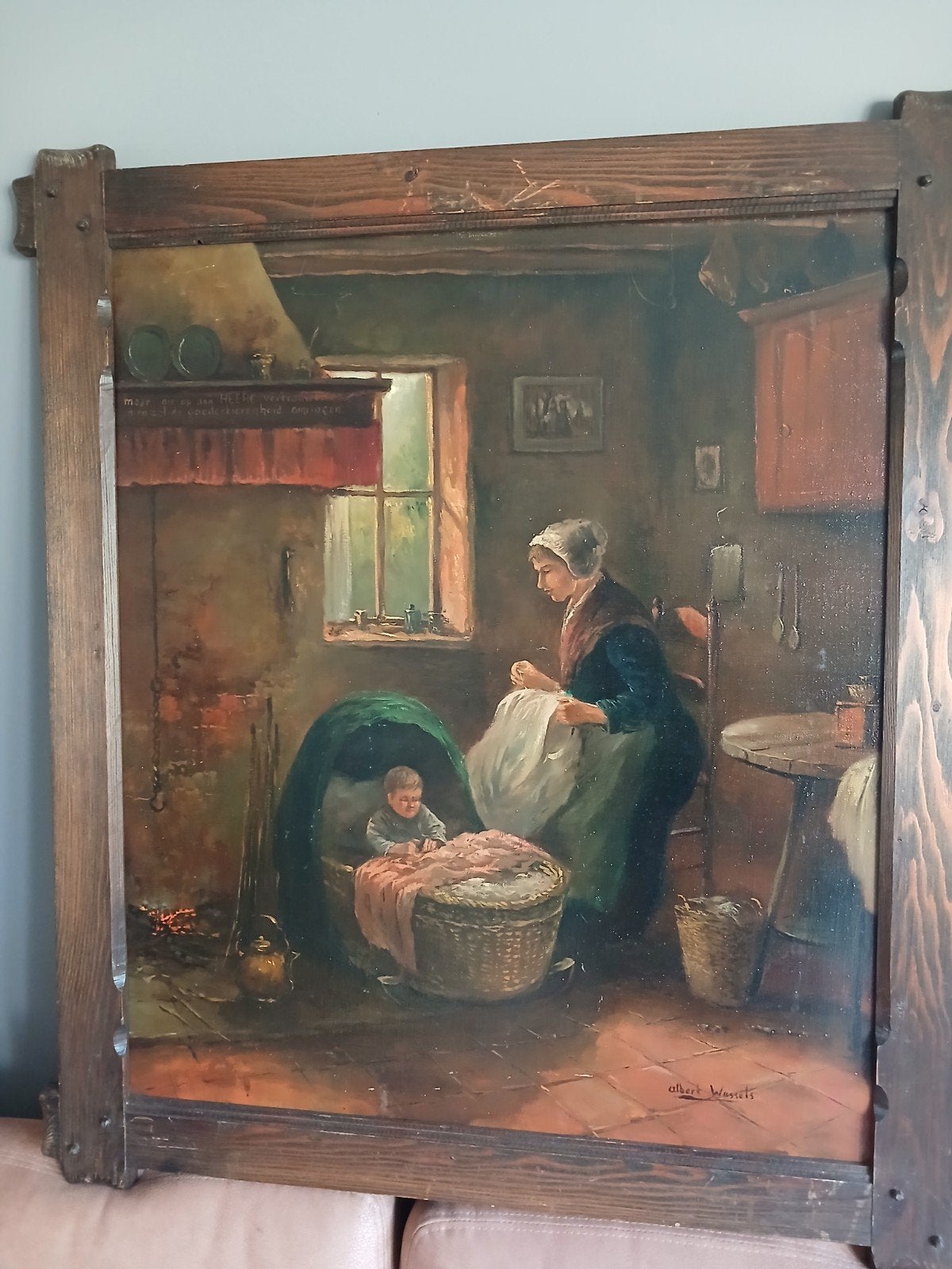 Oud Hollands schilderij: Moeder en kind in interieur, Ophalen, Doek, Portret of Personen, Oud hollands