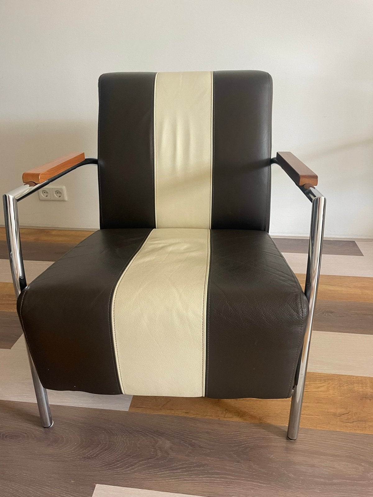 Montel leren fauteuil bruin/crème met chromen frame, Ophalen, Gebruikt, Leer, 75 tot 100 cm