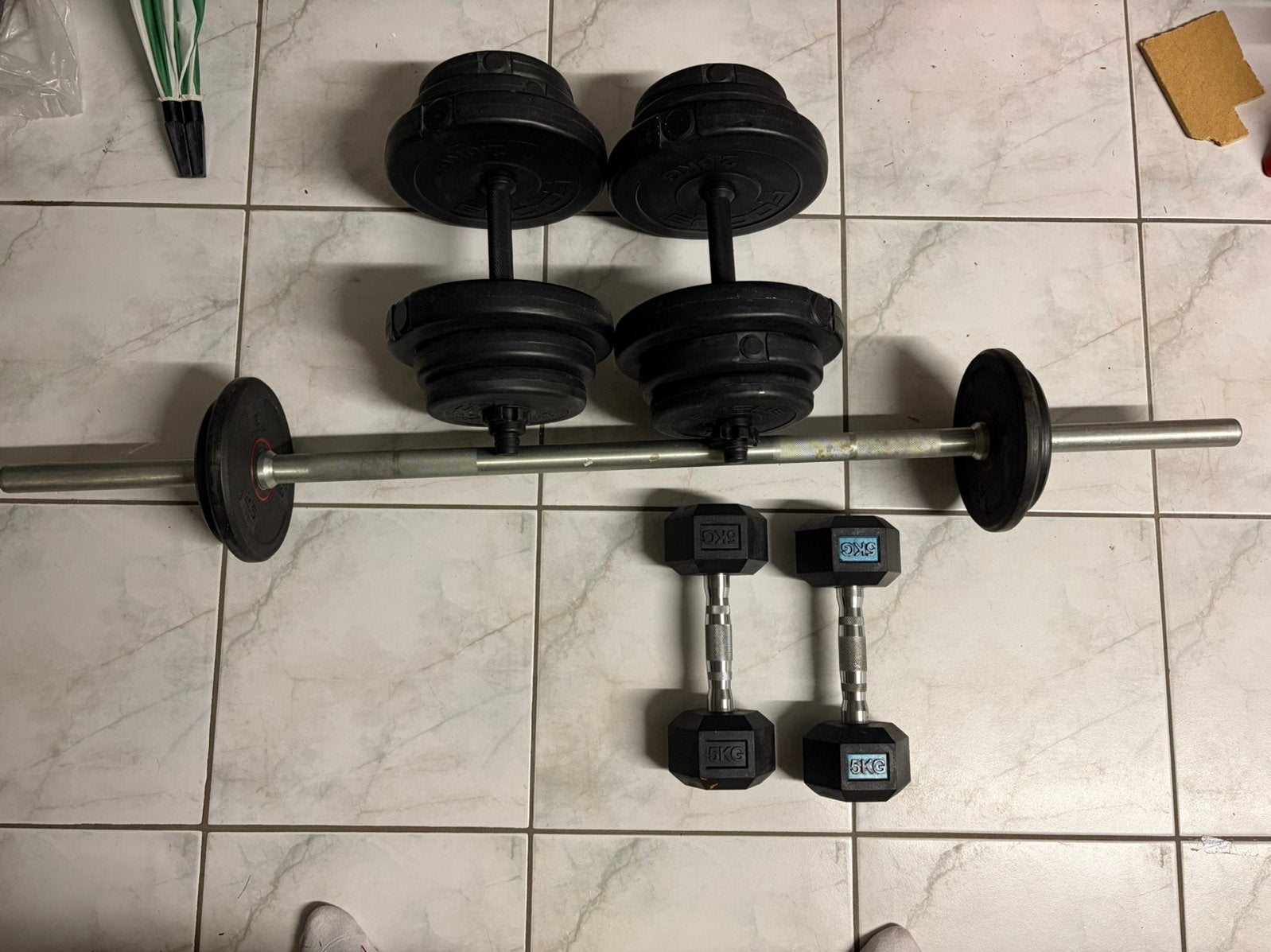 Halterstang, dumbbells 10kg, hex dumbbells 5kg, Ophalen, Zo goed als nieuw, Dumbbell