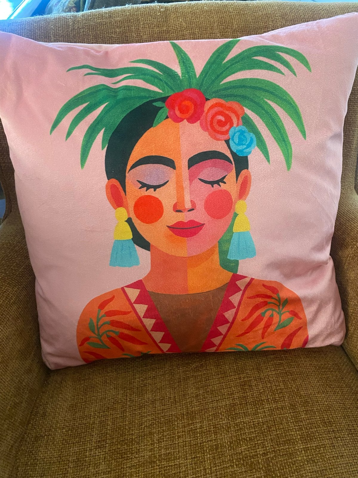 Roze Frida Kahlo sierkussen - Velvet 45x45cm, Overige merken, Met print, Nieuw, Ophalen of Verzenden
