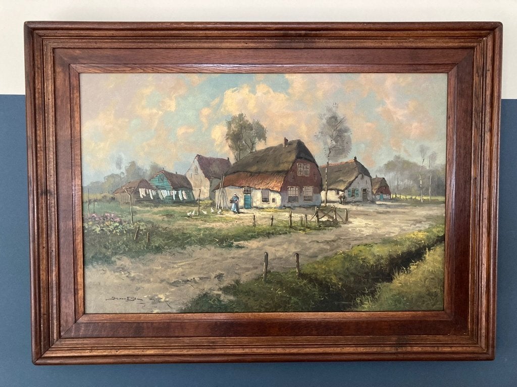 Jos van Dijk (1913-2000)  – “Boerderijen te Nunspeet”, Ophalen, Nederlandse school, Doek, Bijzondere lijst
