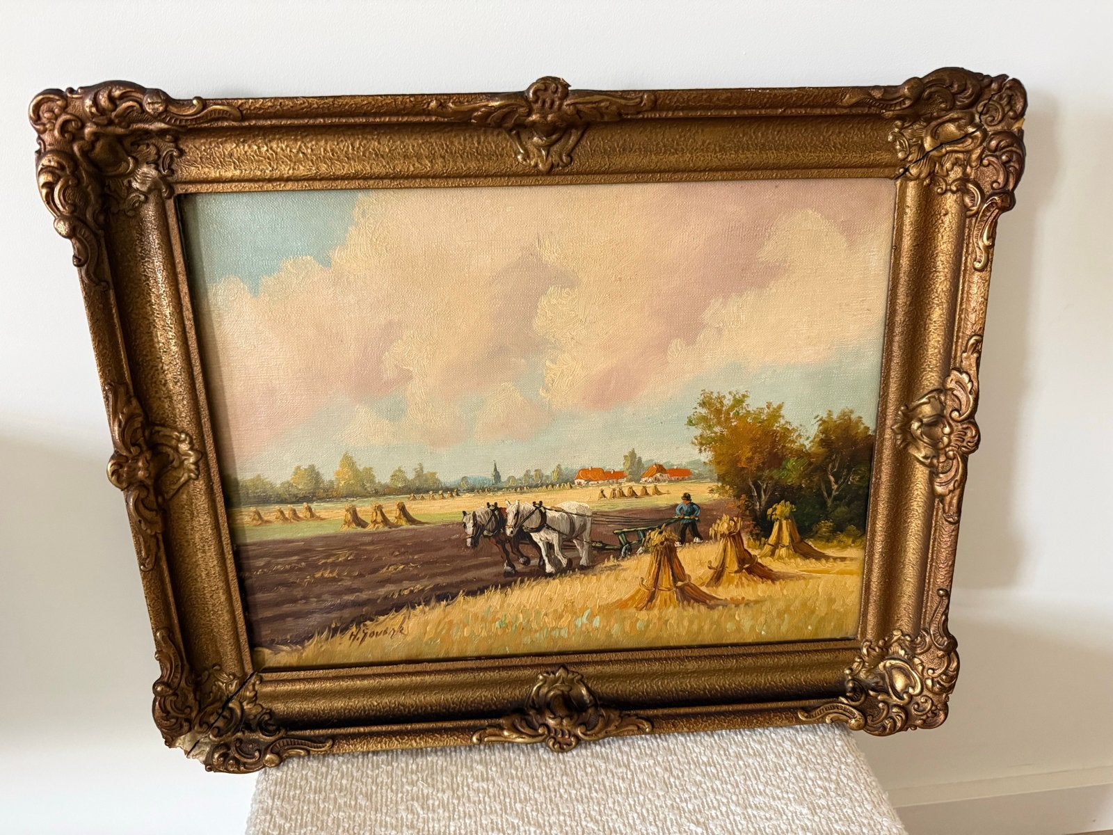 Olieverfschilderij Ploegende Boeren door H. Govink, Antiek en Kunst, Realistisch, Gesigneerd, Landschap, Olieverf