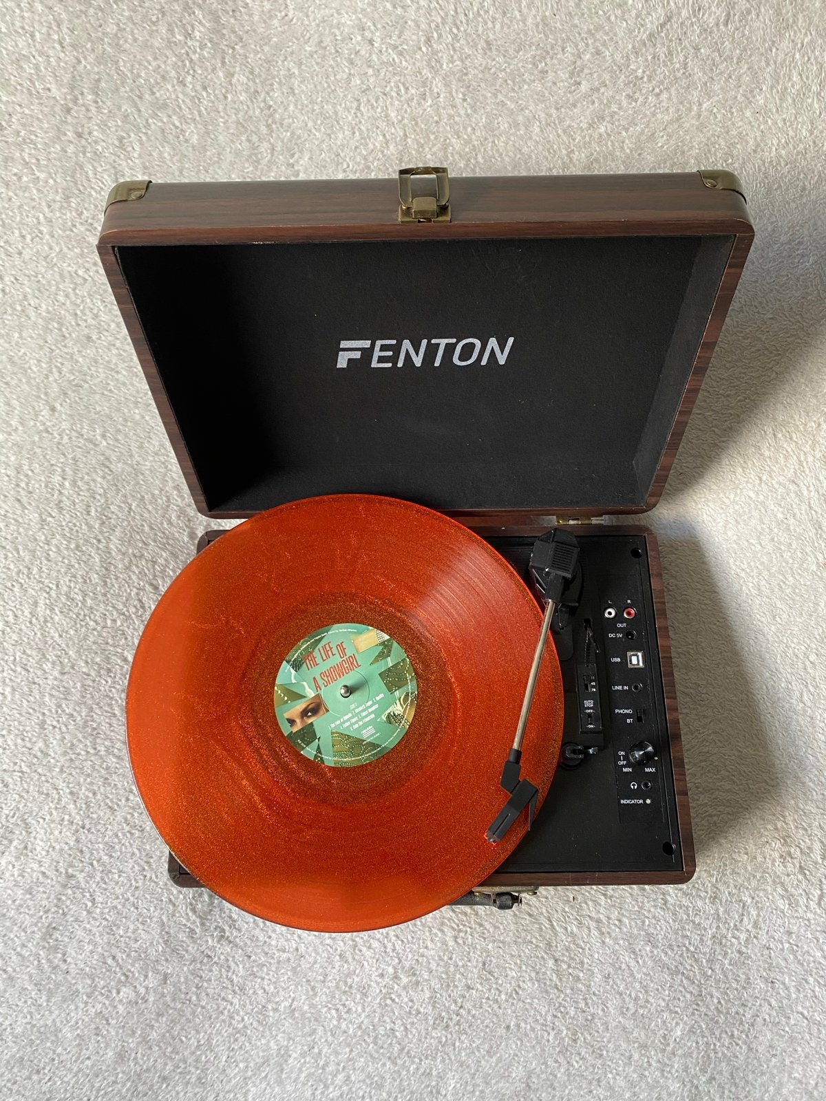 Fenton Platenspeler RP115B in donkerbruine houten koffer, Audio, Tv en Foto, Zo goed als nieuw, USB-aansluiting, Platenspeler