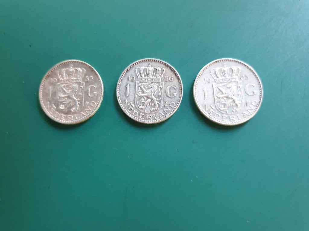 Zilveren gulden - 3 stuks, Postzegels en Munten, Munten | Nederland, Verzenden, Koningin Juliana, 1 gulden, Zilver