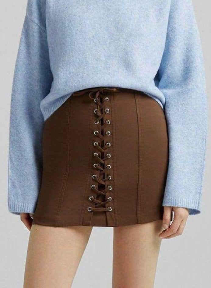 Zara bruine mini-rok met vetersluiting, Maat 38/40 (M), Bruin, Ophalen of Verzenden, Zo goed als nieuw