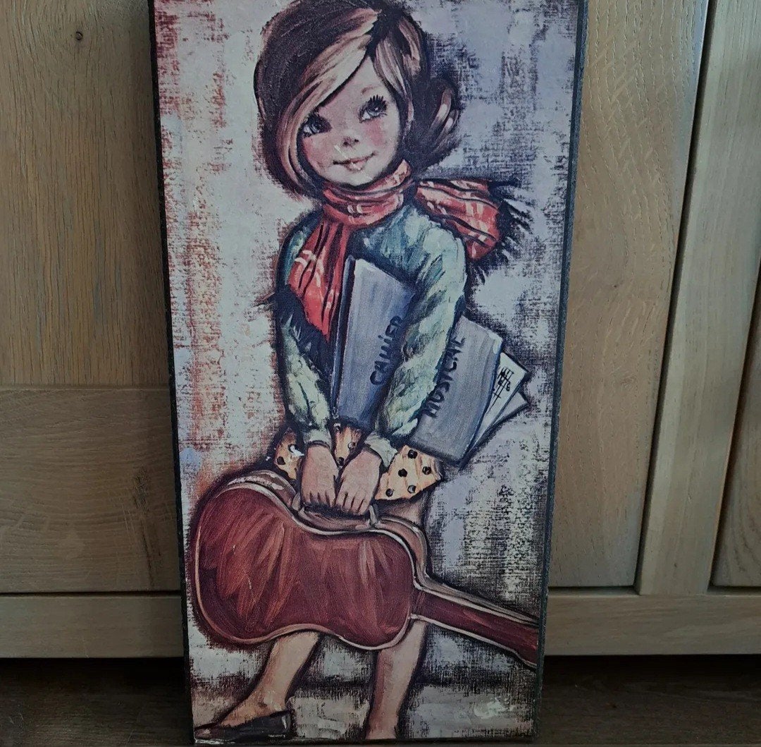 Vintage prent hardboard meisje gitaar 38,5-19,5 cm, Ophalen of Verzenden, Minder dan 50 cm, Schilderij, 5 – 50