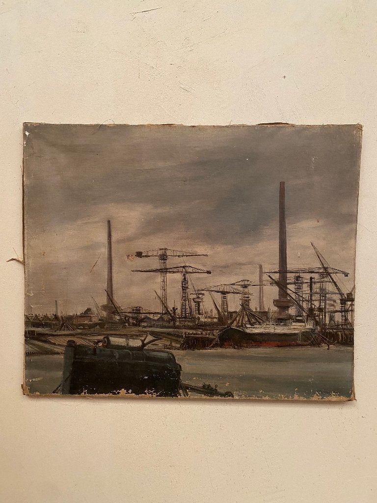 industriële haven schilderij, Antiek en Kunst, Kunst | Schilderijen | Klassiek, Ophalen of Verzenden, Klassiek, Maritiem / water