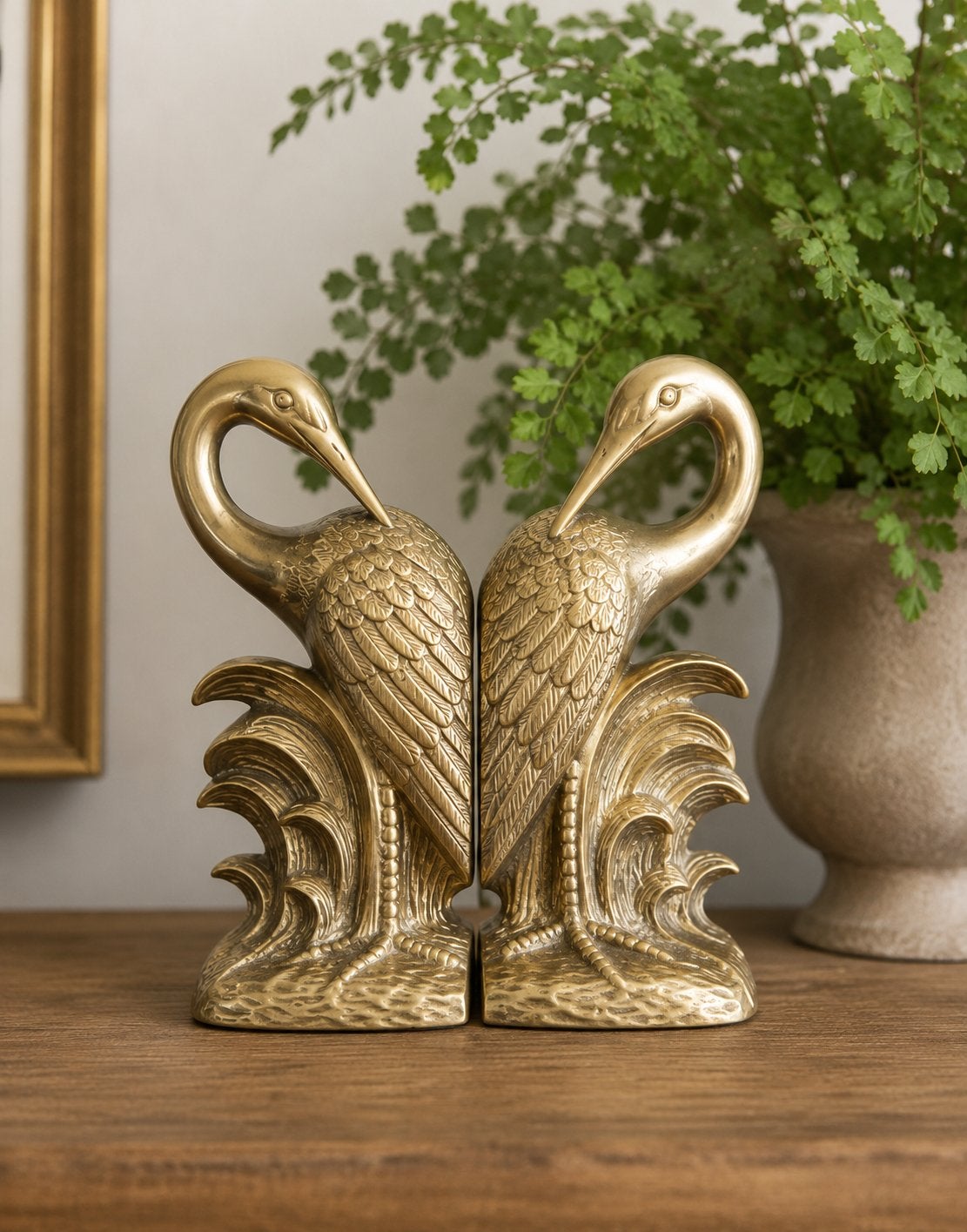 Vintage look kraanvogel boekensteunen, Vintage, Gebruikt, Ophalen of Verzenden, Goud