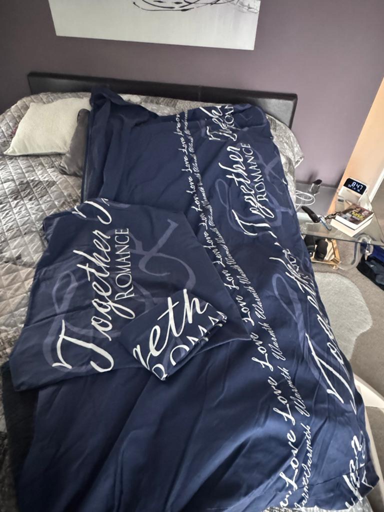 Donkerblauw tweepersoons dekbedovertrek met tekst, Gebruikt, Blauw, Dekbedovertrek, Tweepersoons