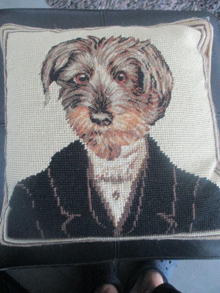 Ruwharige Teckel  kussen geborduurd handwerk  30 x 30 cm, Ophalen of Verzenden, Zo goed als nieuw, Bruin, Vierkant
