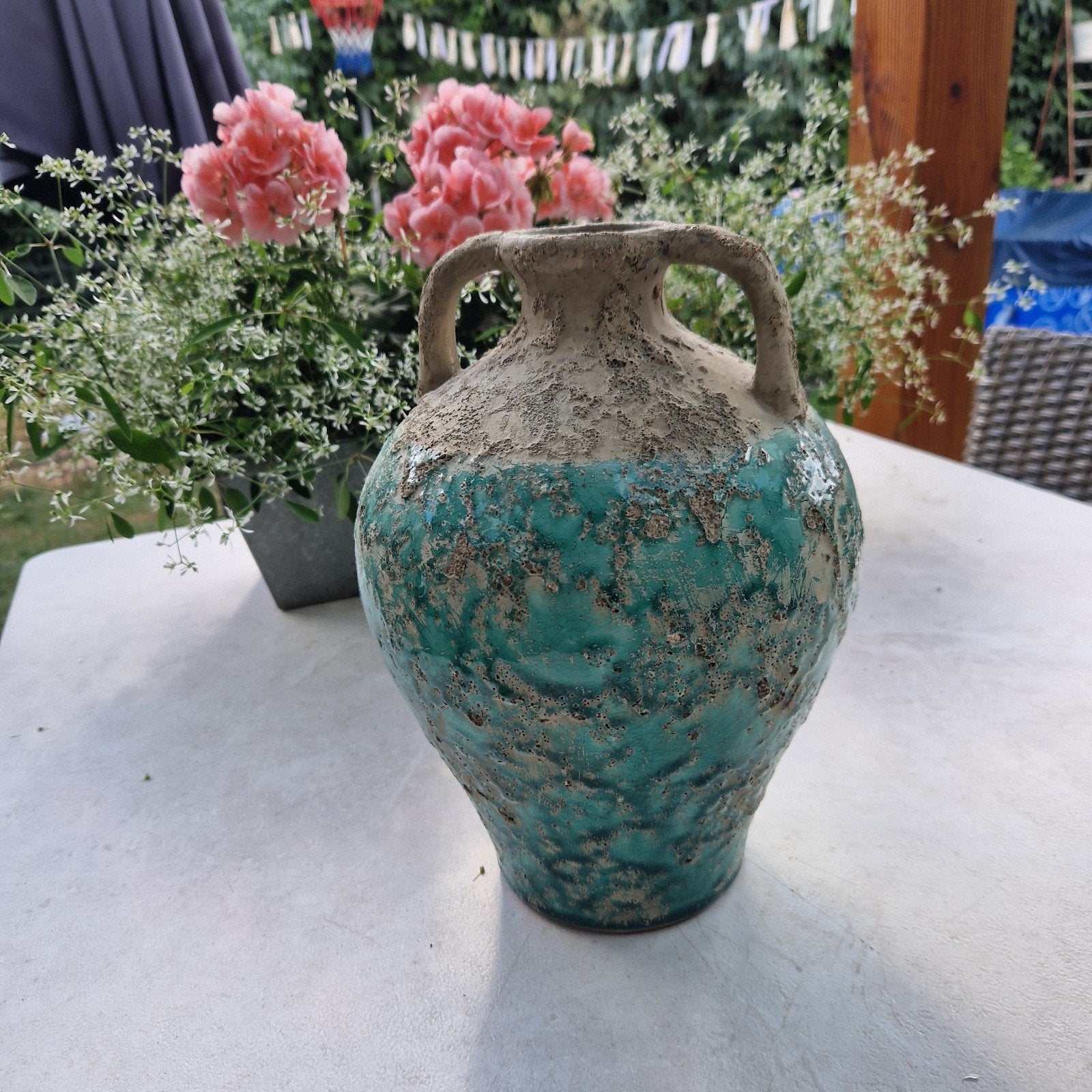 stenen vaas ptmd zeegroen/blauw en steenkleur, Ophalen, Blauw, 30 cm, Natuurlijk materiaal