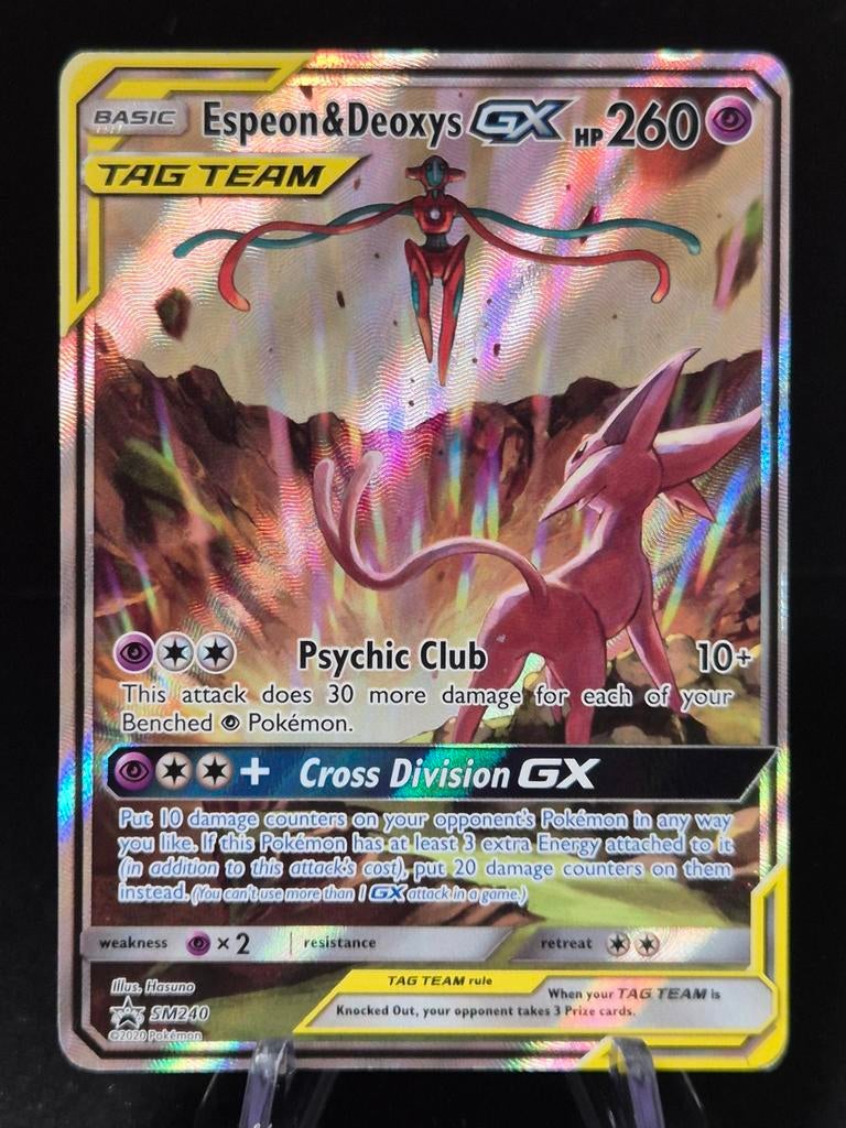 Espeon & Deoxys GX TAG TEAM Pokémon Kaart SM240, Ophalen of Verzenden, Zo goed als nieuw, Losse kaart, Foil