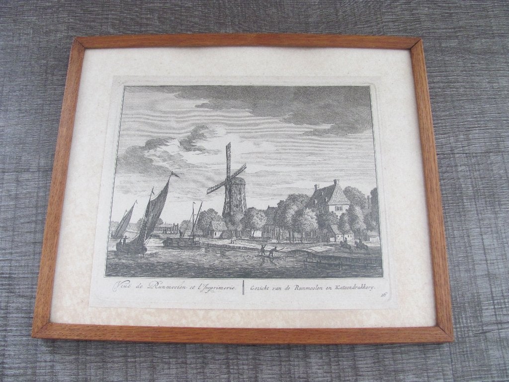 Amsterdam - Gezicht van de Runmoolen - Matthijs Pool, Antiek en Kunst, 18 cm, Stadsgezicht, Ophalen of Verzenden, Gravure
