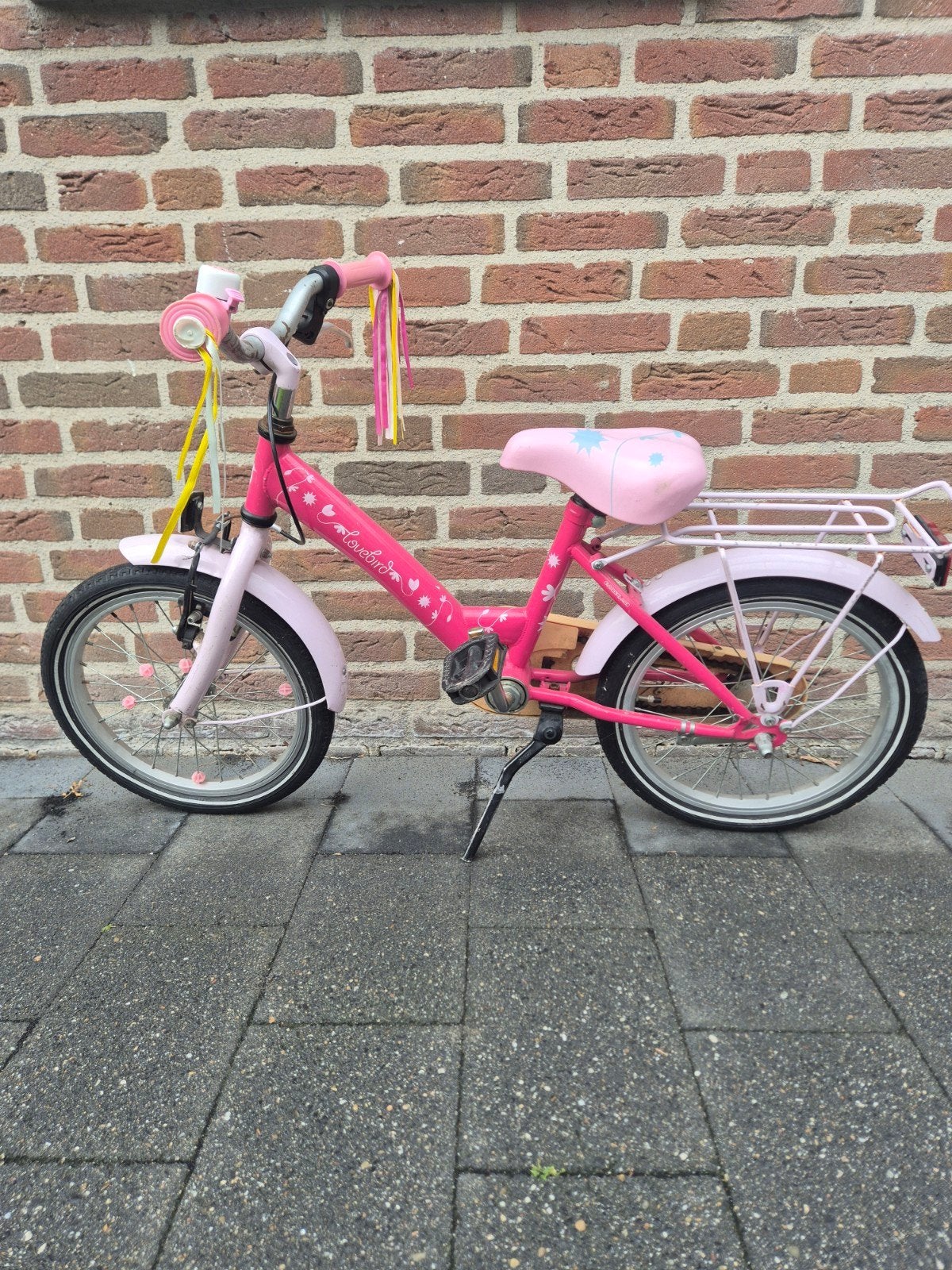 Roze kinderfiets 16 inch met bagagedrager, Ophalen, Velgrem, 16 tot 20 inch, Lovebird
