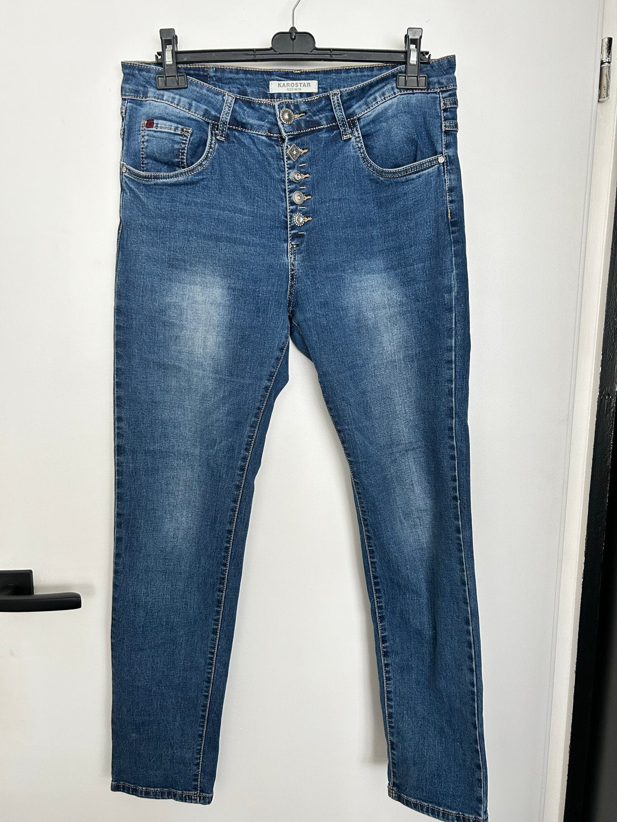 2 spijkerbroeken: Karostar blauw & Goodies grijs, maat 38, Ophalen of Verzenden, Gedragen, Blauw, W30 - W32 (confectie 38/40)