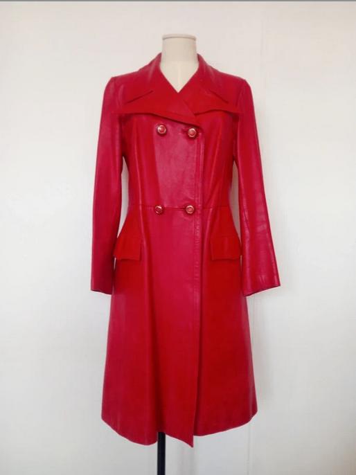 Rode leren 70's trenchcoat, Ophalen of Verzenden, Vintage, Maat 36 (S), Gedragen