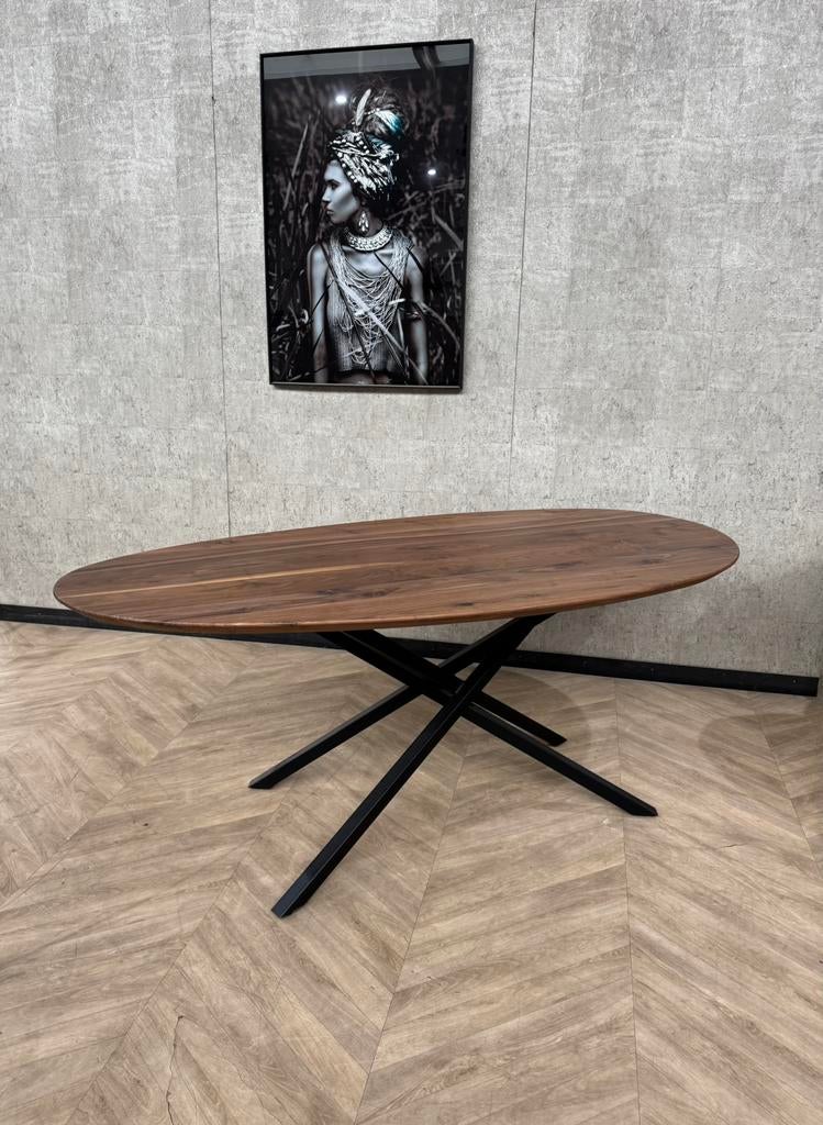 Organische vorm noten eettafel 200x100cm *nieuw, Huis en Inrichting, Tafels | Eettafels, Firma Hout en Staal, Overige vormen, Vier personen