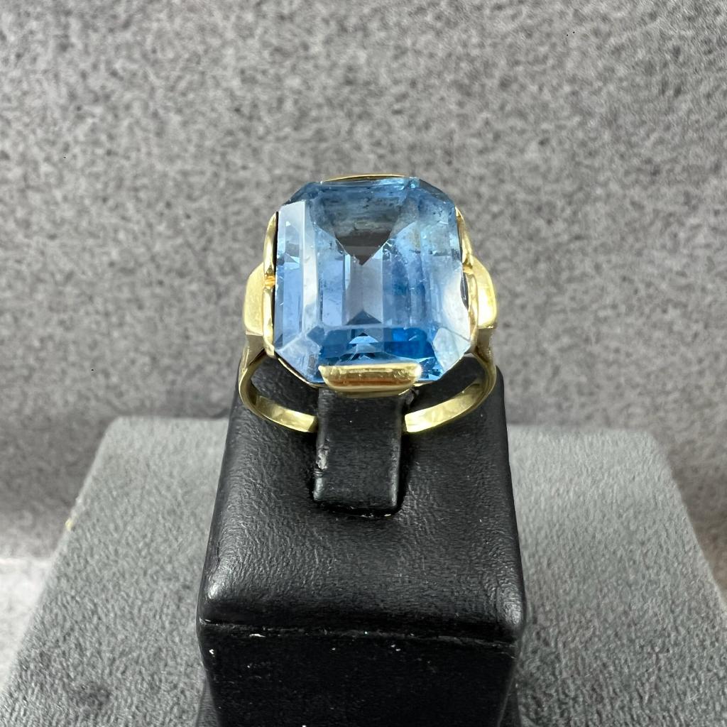 Gouden Ring | 14k |6,31g|Cabouchon aquamarijn |18,75| 409175, Sieraden, Tassen en Uiterlijk, Ringen, 18 tot 19, Gebruikt, Ophalen of Verzenden