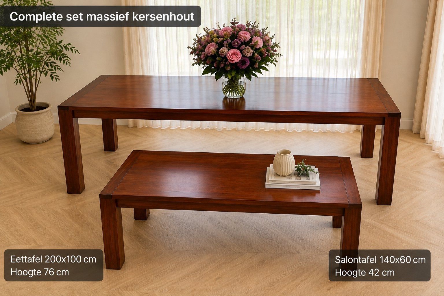 Massief kersenhouten eettafel en salontafel (Eierkamp), Huis en Inrichting, Ophalen of Verzenden, Zo goed als nieuw, Kersenhout