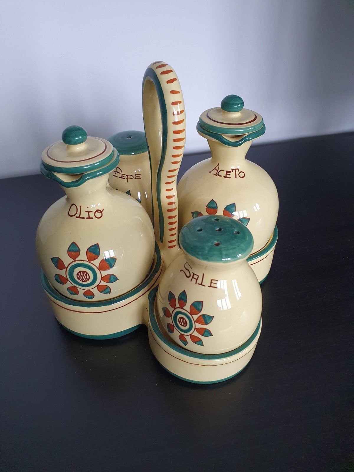 Italiaans peper, zout, olie en azijn stel, Ophalen of Verzenden, Zo goed als nieuw, Geel