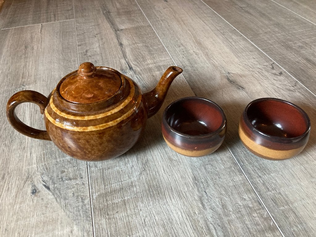 Vintage retro bruine theepot met kopjes Made in ADR keramiek, Antiek en Kunst, Ophalen of Verzenden