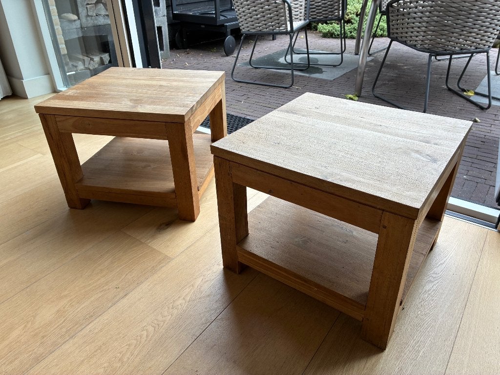 Massief teakhouten bijzettafels 50x50x40cm - Onbehandeld, Ophalen, Gebruikt, 50 tot 100 cm, 50 tot 100 cm
