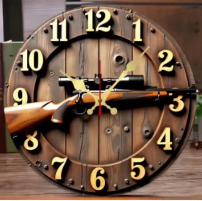Ronde wandklok van hout Jachtgeweer (25cm), Ophalen of Verzenden, Nieuw, Wandklok
