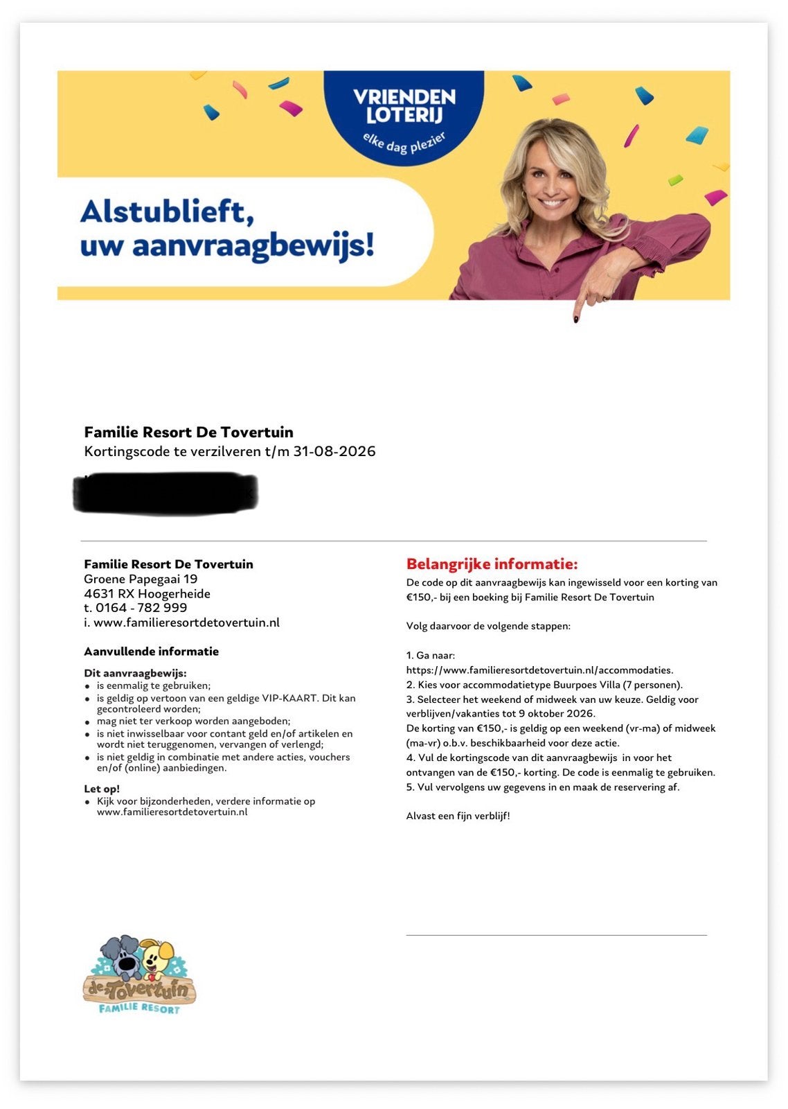 €150 kortingscode Familie resort De Tovertuin tot 9 okt 2026, Tickets en Kaartjes, Kortingskaart