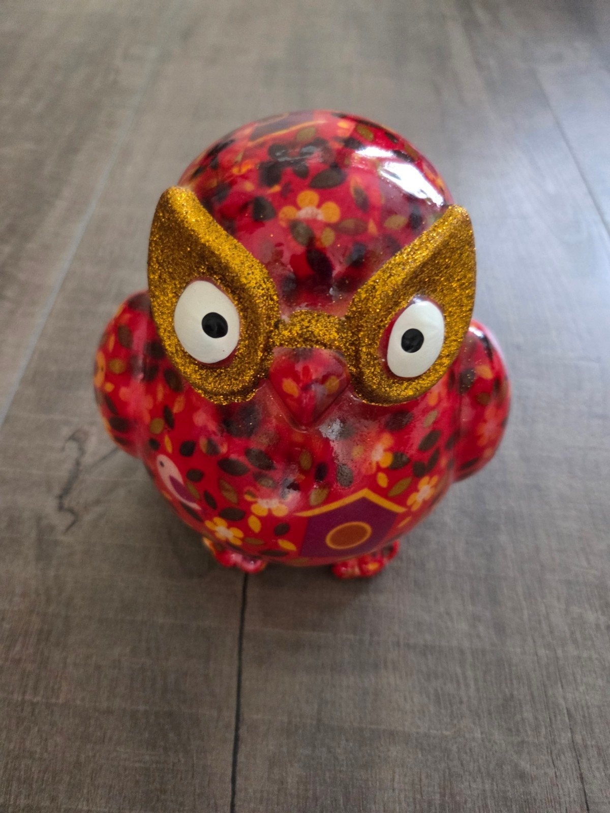 Pomme-pidou spaarpot uil rood met bloemen en glitter, Ophalen of Verzenden, Zo goed als nieuw