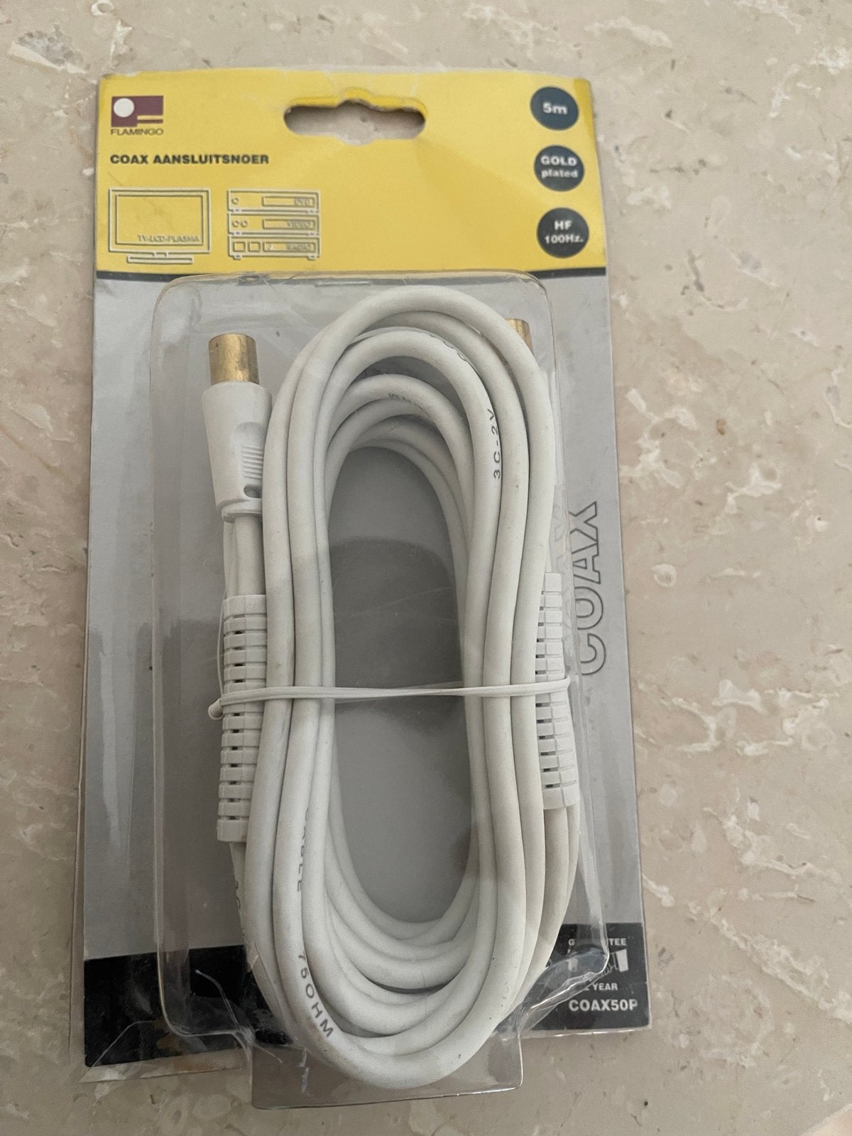 Flamingo Coax Aansluitsnoer - 5m, Gold Plated, Audio, Tv en Foto, Ophalen of Verzenden, Nieuw, 2 tot 5 meter, Coaxiale kabel