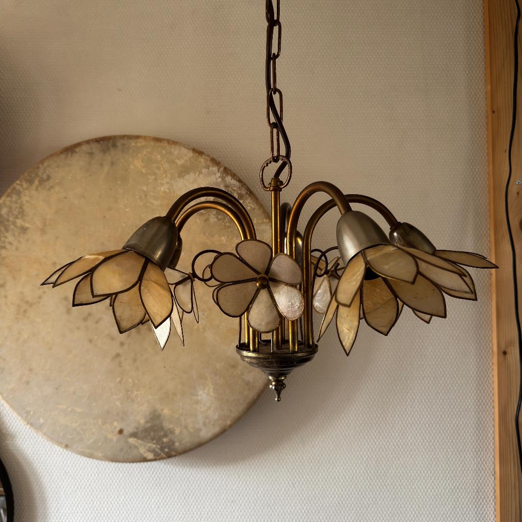 Vintage Klassieke Lotus Hanglamp Abalone Kroonluchter Luster, Huis en Inrichting, Ophalen of Verzenden, Gebruikt, Metaal