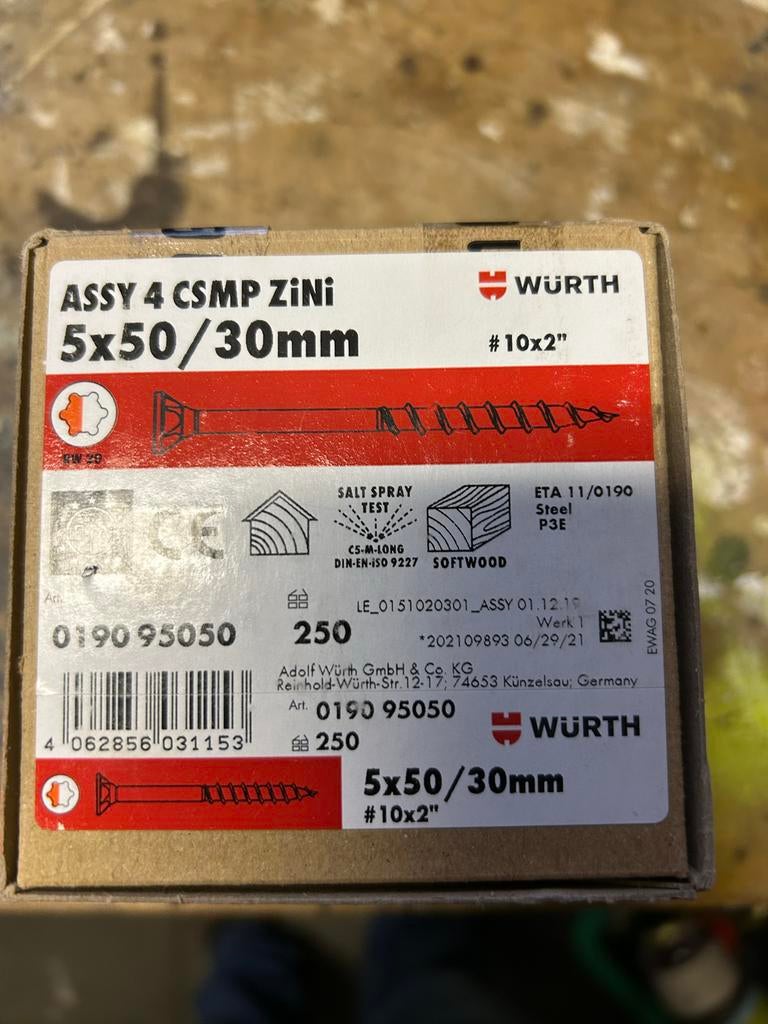 WURTH Assy 4 CSMP ZiNi Schroeven 5x50/30mm (250 stuks), Ophalen of Verzenden, Nieuw, Minder dan 50 mm, Schroeven