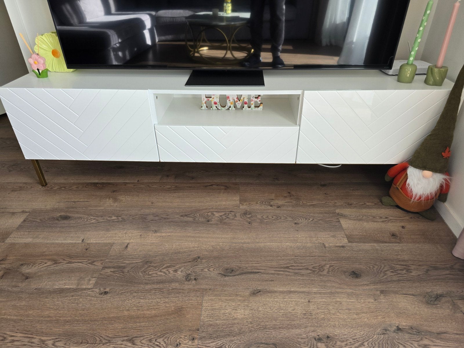 Moderne witte tv-meubel met opbergruimte, Ophalen, Overige materialen, Gebruikt, 150 tot 200 cm