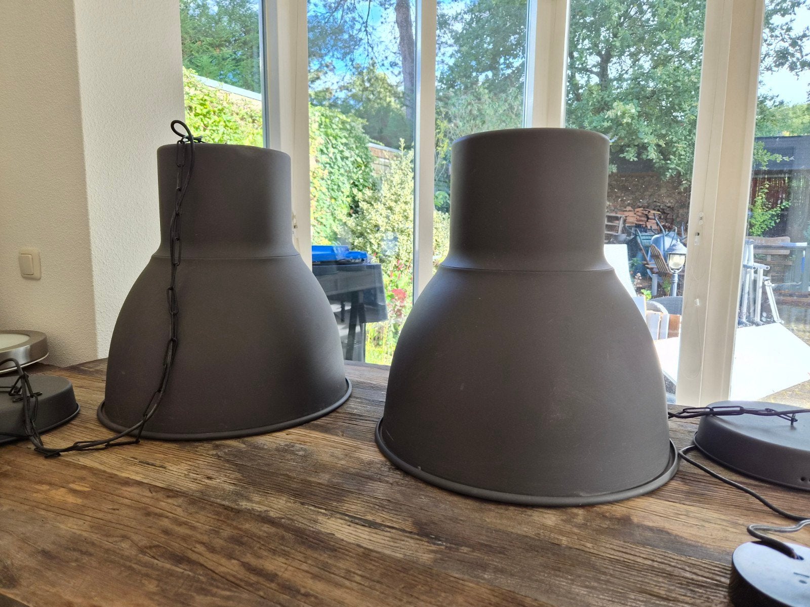 2 Ikea Hektar hanglampen industrieel donkergrijs E27, Ophalen, Gebruikt, E27 (groot), Metaal