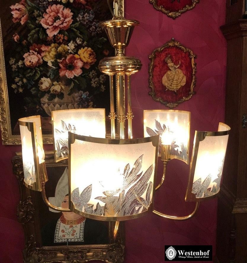Hanglamp klassiek kroonluchter goud glasplaats art deco, Ophalen of Verzenden, Glas, Vintage / art deco / klassiek, Minder dan 50 cm