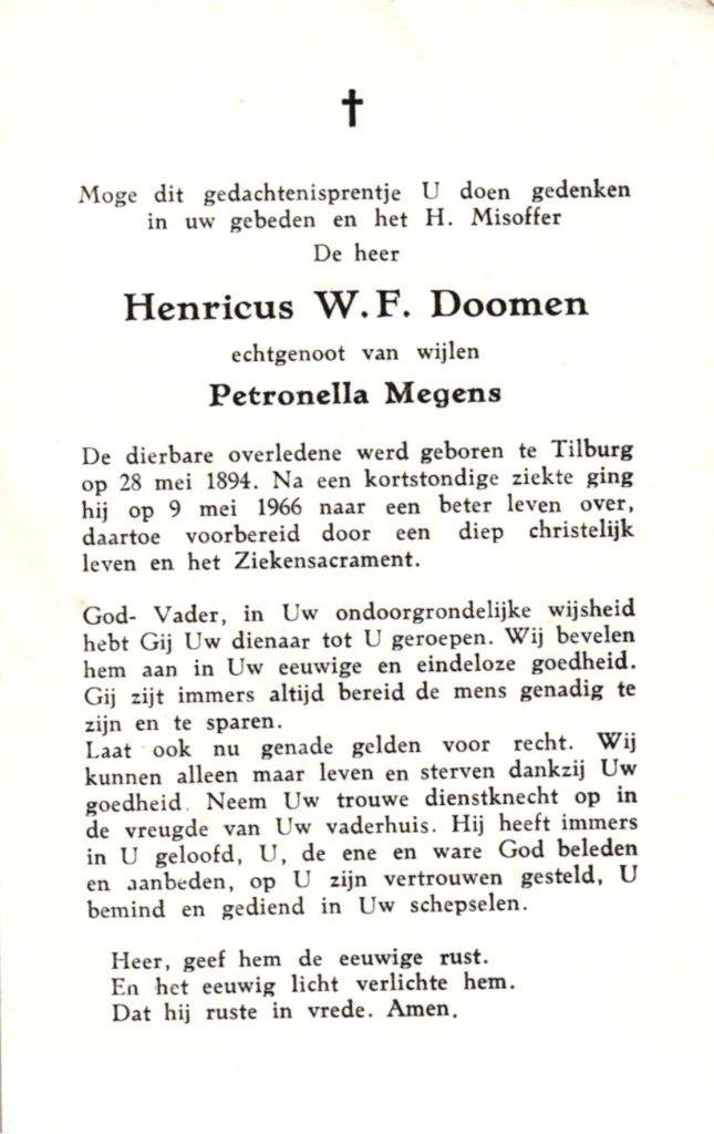 Doomen Henricus W.F. 1894 Tilburg 1966, Ophalen of Verzenden