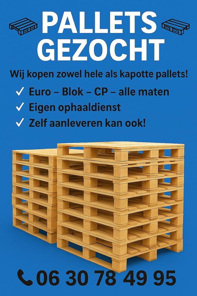 Pallets gezocht inkoop van pallets, Ophalen, 50 mm of meer, Pallet, Minder dan 200 cm