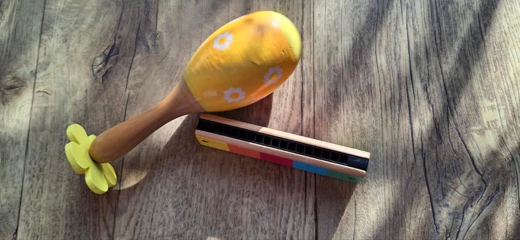 Hema, houten rammelaar en mondharmonica, Kinderen en Baby's, Speelgoed | Houten speelgoed, Ophalen of Verzenden, Gebruikt