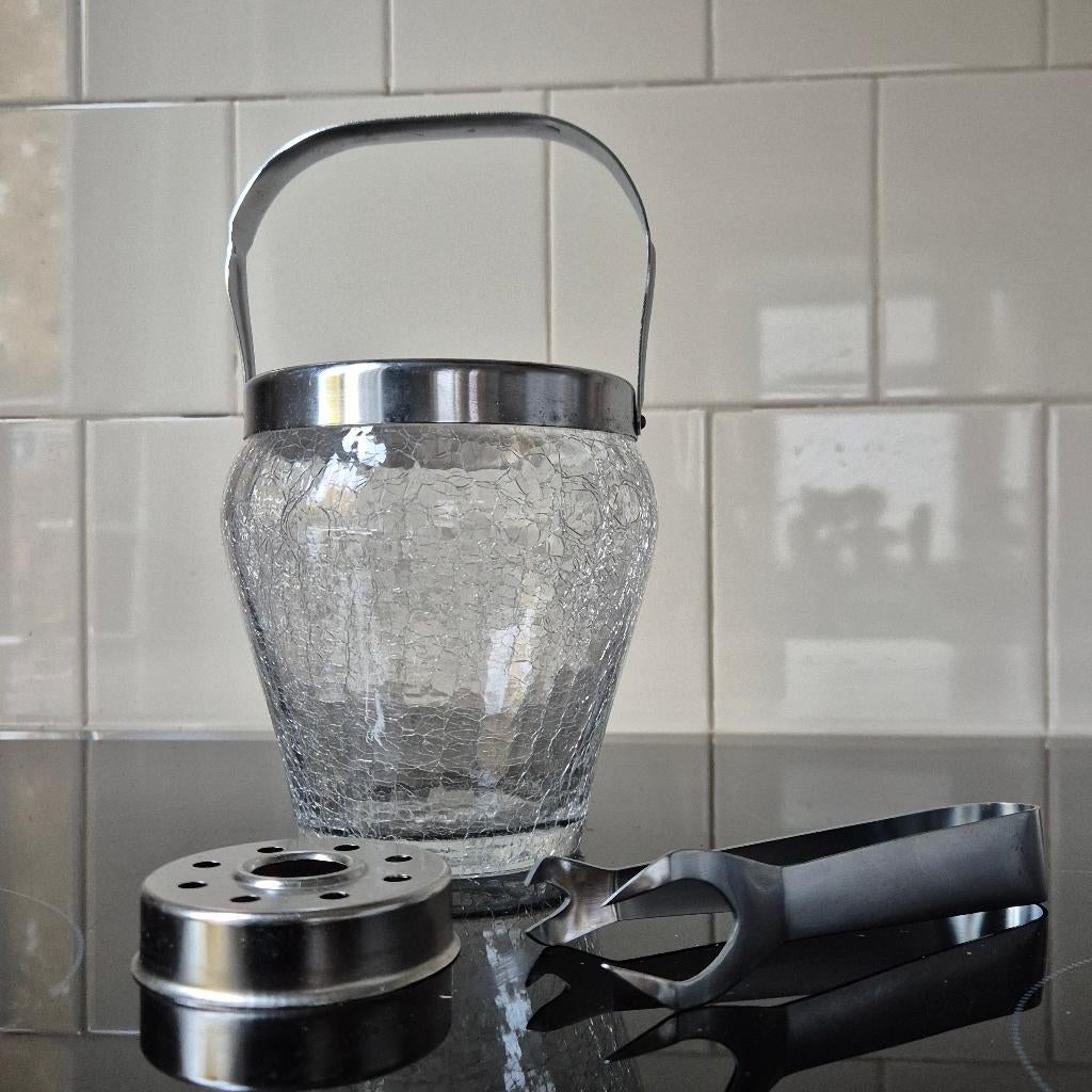 Vintage ijsemmer glas/metaal, ijsklem en lek ring COMPLEET, Ophalen of Verzenden, Huis en Inrichting