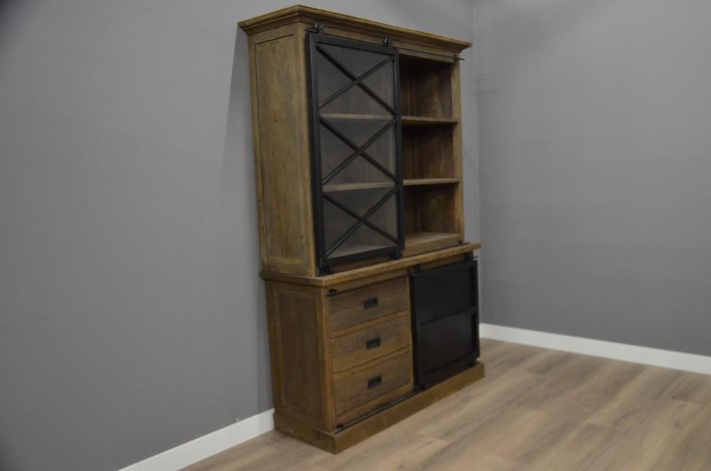 Teak vitrinekast 150 cm – Industrieel, Ophalen, 200 cm of meer, Nieuw, Met deur(en)