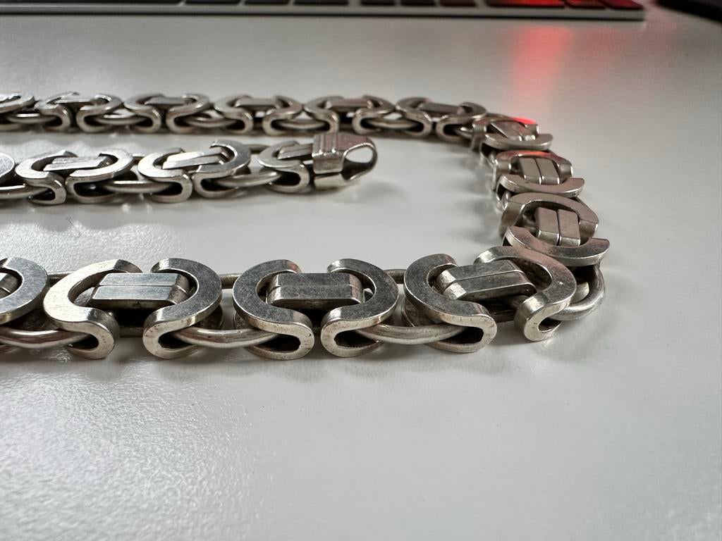 Zware zilveren platte XL koningsketting + armband, Sieraden, Tassen en Uiterlijk, Kettingen, Ophalen of Verzenden, Gebruikt, Zilver